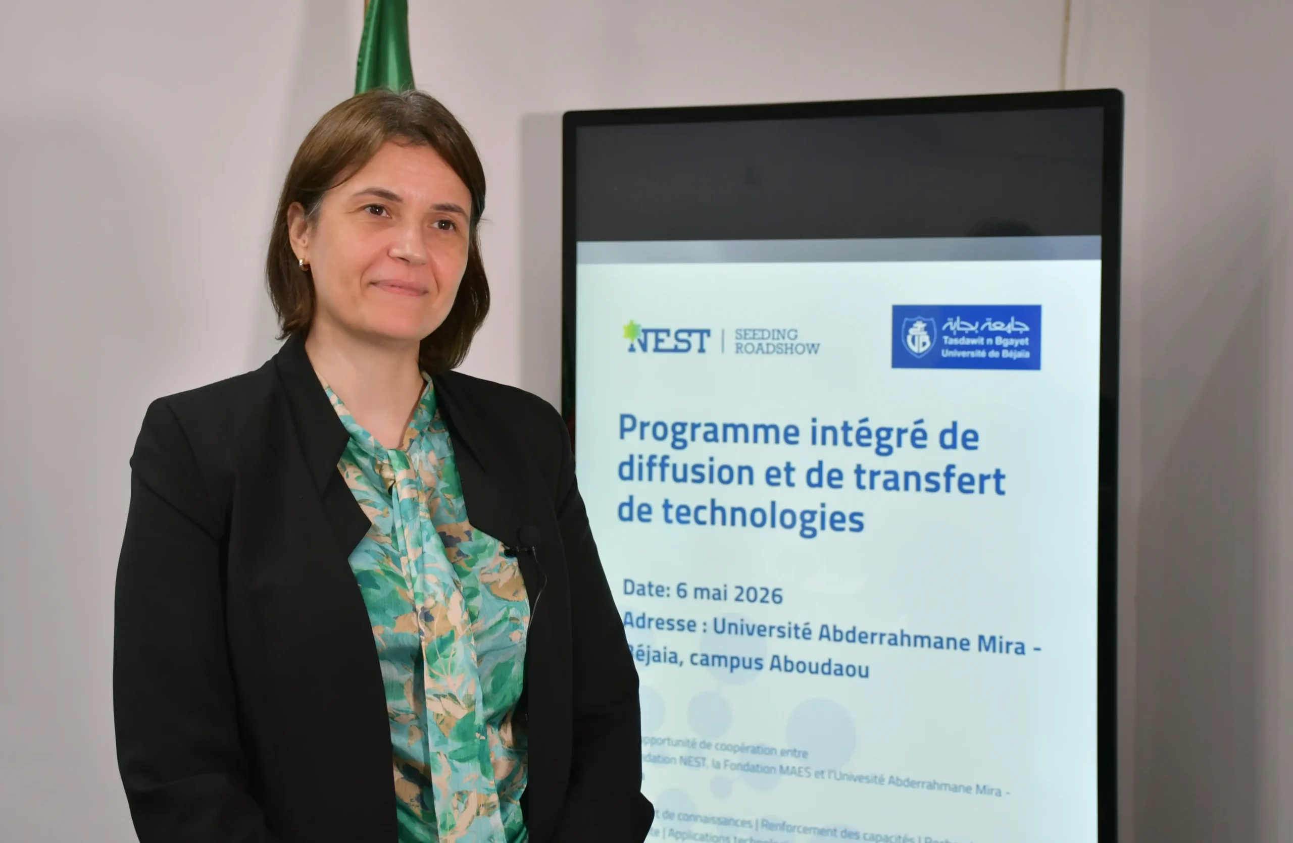 Dr Mouny BELHOCINE pendant la rencontre dédiée au « Programme intégré de diffusion et de transfert de technologies », organisée dans le cadre du programme NEST – Seeding Roadshow.